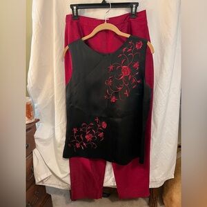 Casual Corner Black Silk Top with Red Embroidery & Red Silk Pants 100% Silk